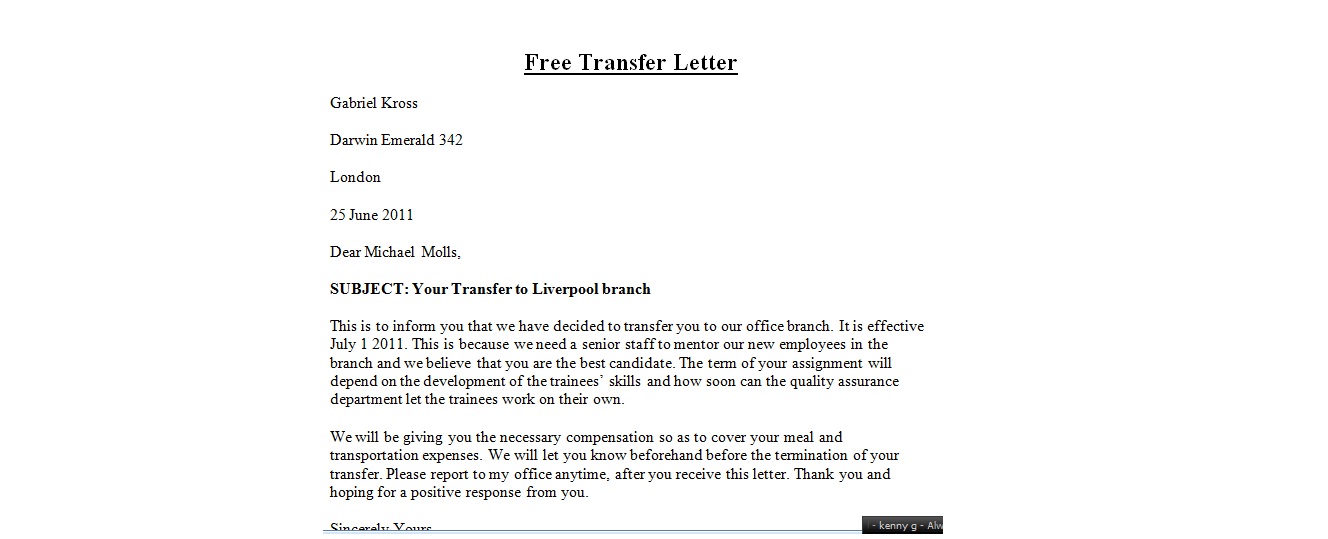 Free Transfer Letter